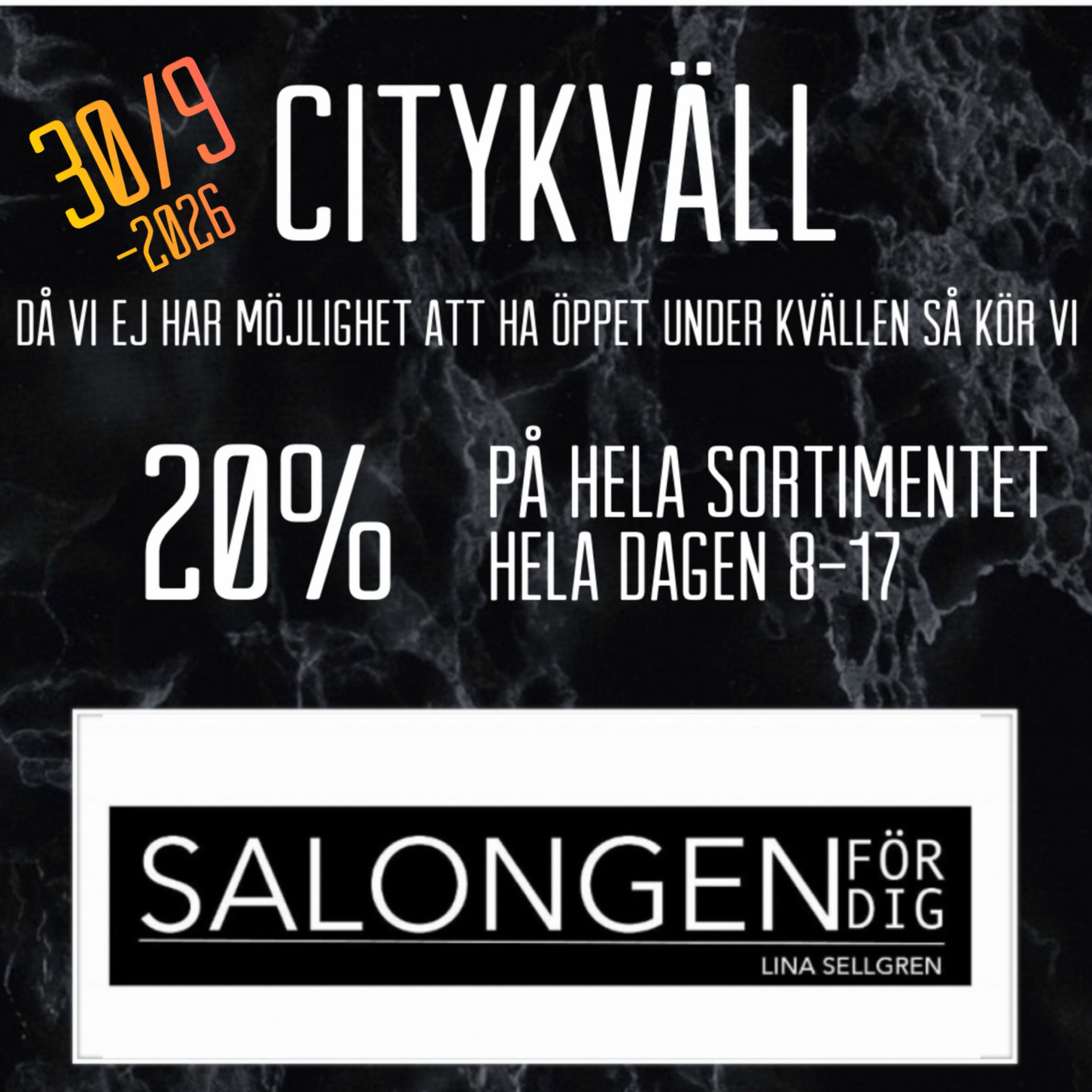 Imorgon är det Citykväll i stan! 🤩
20% på alla produkter hela dagen!

(Ps. Håll utkik efter fler erbjudanden under morgondagen)

Välkomna!